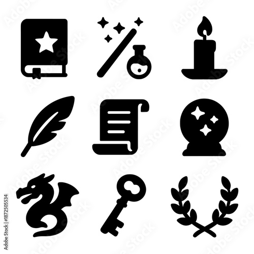 Magical icons set featuring book, wand, candle, quill, scroll, and dragon symbols