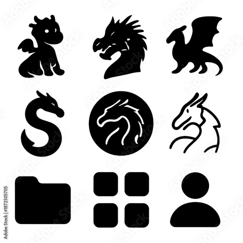 Set of black dragon silhouette icons on gradient gray background