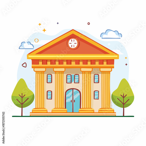 Classical Architectural Building with Pillars, Triangular Pediment, and Trees Under a Cloudy Sky