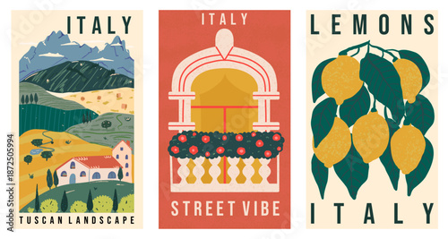 Italy vintage graphic postcard set. Vector illustration of Tuscan landscape, street vibe and lemon branch. Travel poster