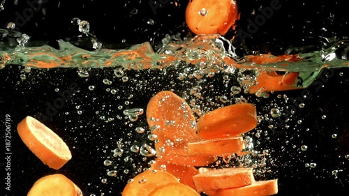 Super slow motion carrot slices. Filmed on a high-speed camera at 1000 fps. High quality FullHD footage