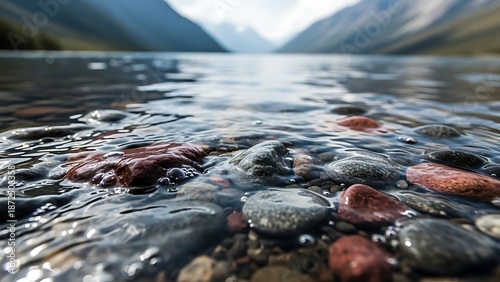 Clear mountain lake water flowing over colorful smooth pebbles and rocks.