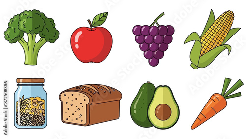 Collection of fresh fruits, vegetables, bread, and grains illustrating a healthy diet and natural food options