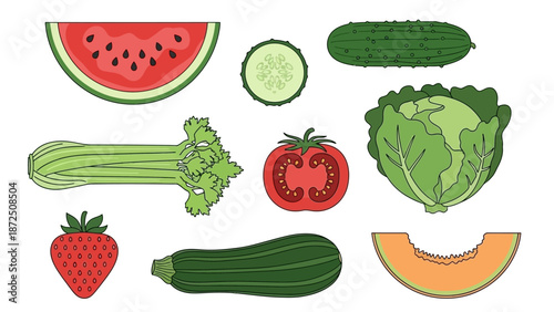 Assortment of fresh fruits and vegetables including watermelon, strawberry, lettuce, tomato, zucchini, cantaloupe, celery, and cucumber