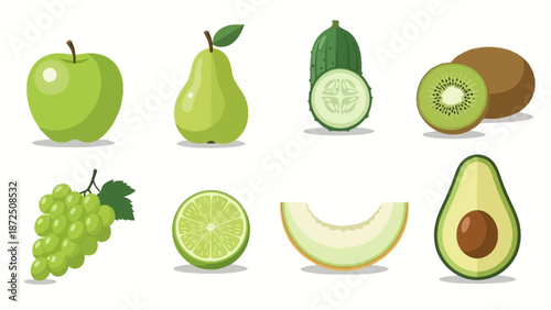 A vibrant collection of fresh green fruits and vegetables arranged in a visually appealing pattern on a white background