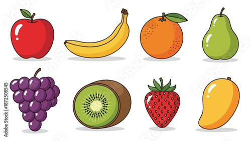 A vibrant collection of fresh fruits including an apple, banana, orange, pear, grapes, kiwi, strawberry, and mango, perfect for healthy eating and recipe inspiration