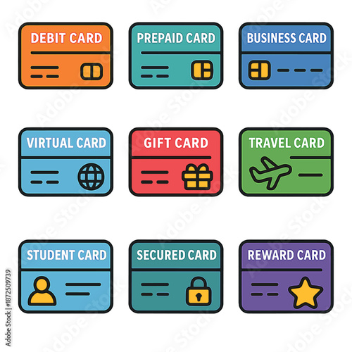 Colorful digital payment cards collection featuring diverse banking options
