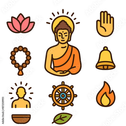 Buddhist symbols icon set with meditation, buddha, lotus, and dharma wheel