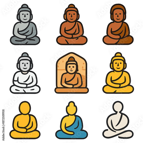 Colorful buddha icon collection: meditation, peace, and spirituality symbols