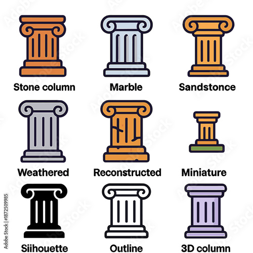 Diverse column styles: marble, sandstone, and miniature architectural elements