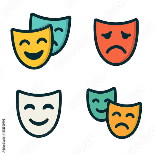 Colorful theater masks representing comedy and tragedy on gradient background