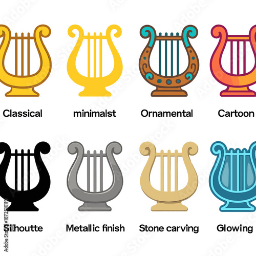 Diverse lyre designs showcasing styles from classical to cartoon and glowing finishes