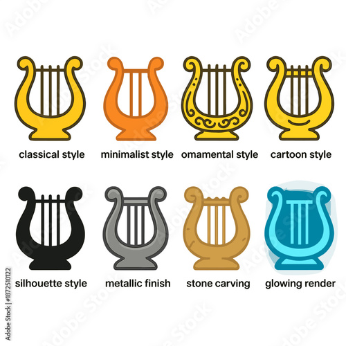 Various lyre icons: classical, minimalist, ornamental, cartoon styles