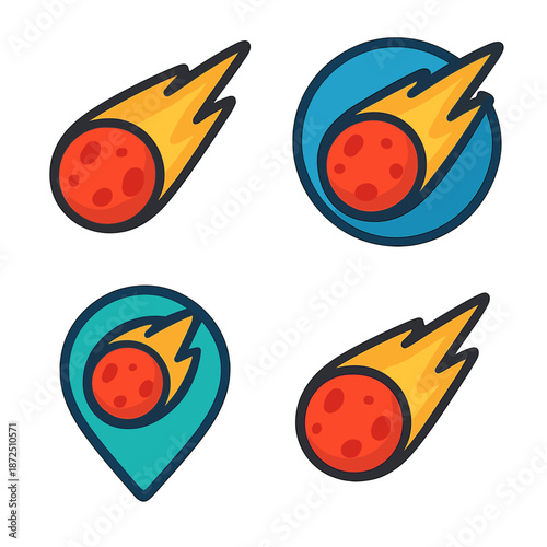 Vibrant cartoon comet icons with fiery trails in modern design