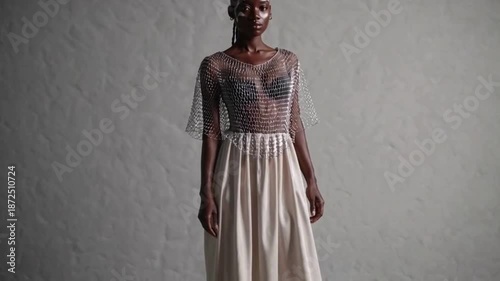 Confident fashion model wearing modern chainmail top in studio