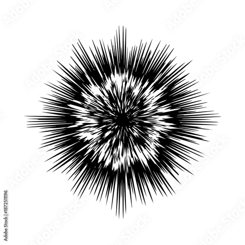 A dramatic radial burst of sharp lines expanding outward, symbolizing energy, impact, and explosive motion.