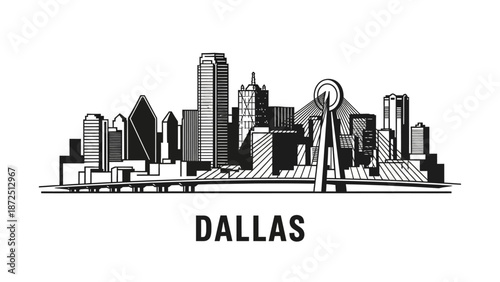 Vector illustration of Dallas cityscape with modern architecture and iconic landmarks in black and white