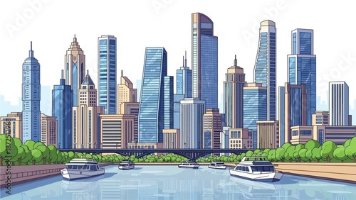 Cityscape with boats on a river flowing through a modern urban landscape