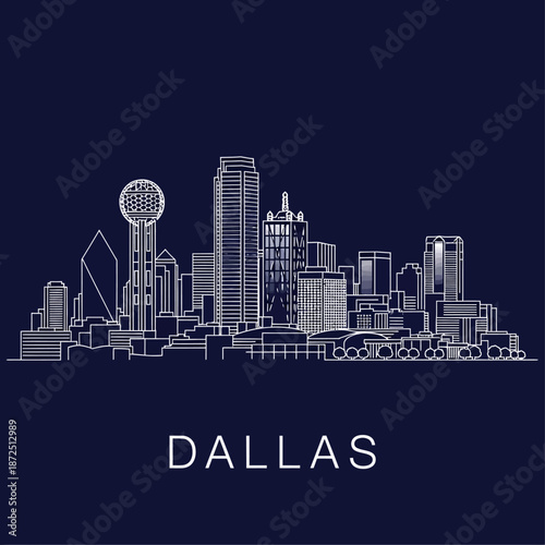 Cityscape illustration of Dallas skyline with modern buildings and landmarks at dusk from a distant viewpoint