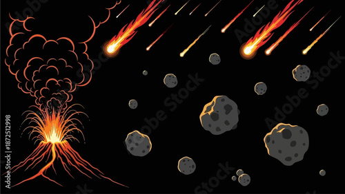 Volcanic Eruption with Meteorites Streaking Across the Dark Sky