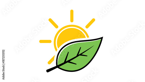 A yellow sun shining behind a vibrant green leaf, symbolizing nature and renewable energy.