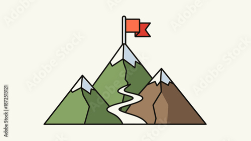 A minimalist illustration depicting a winding path leading up to the peak of a tall mountain, crowned with a red flag, symbolizing achievement and goal setting.