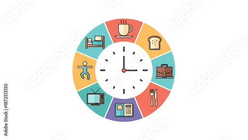An illustrative clock face depicting a daily routine with segmented sections showing various activities like sleeping, eating, working, and leisure.