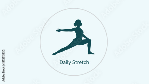 A minimalist graphic icon depicting a person performing a daily stretch or yoga pose, specifically a warrior stance, within a circular frame on a light blue background.