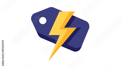 A dark blue price tag with a bright yellow lightning bolt symbol, indicating speed or a special deal.