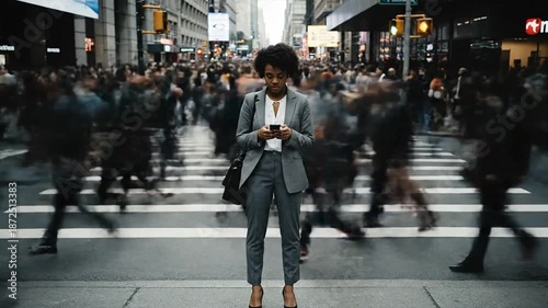 A woman in a business suit stands at a crosswalk, experiencing uncertainty as she makes a decision about her choice amidst a busy city street scene.