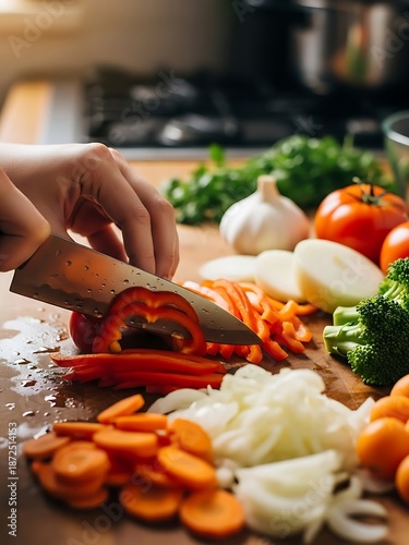 Close-up of chopping fresh vegetables on wooden board for healthy cooking