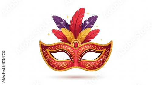 Vibrant venetian masquerade ball mask with colorful feathers and ornate gold details on white
