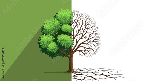 climate change a tree half green half dry with cracked earth symbolizing environmental degradation and sustainability challenges.