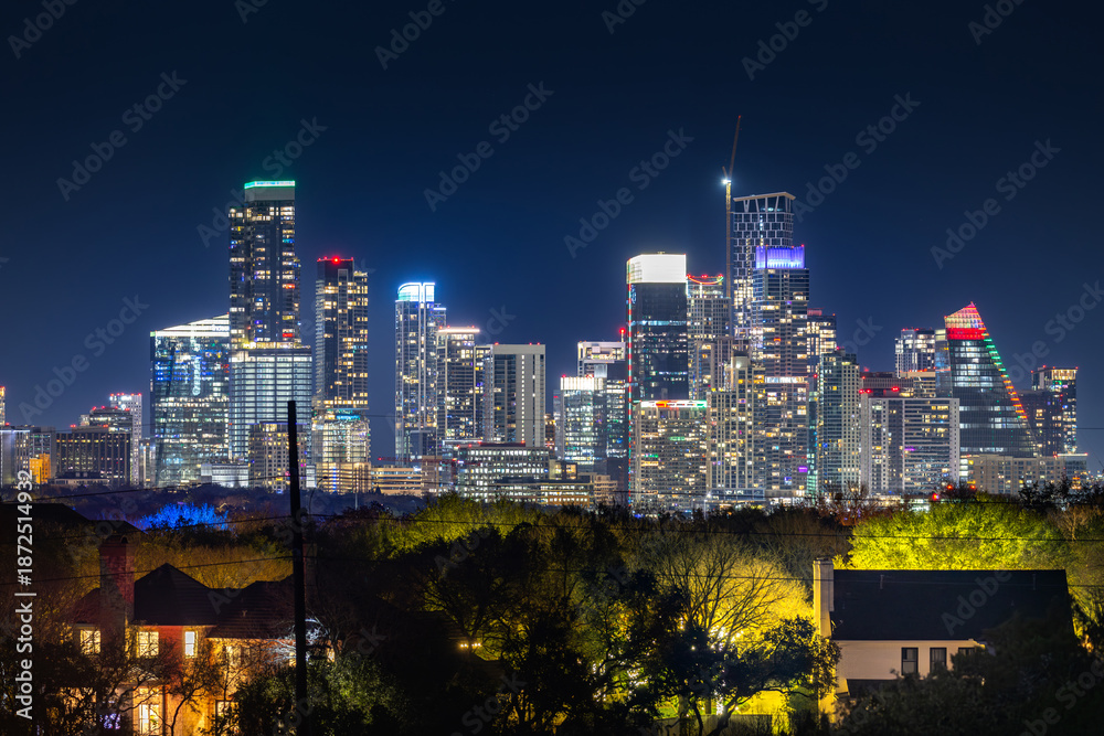 Obraz premium Austin Downtown modern office hub of world technology center business urban city landscape of skyscraper and travel destination park capital city of Texas, USA from mountain resort view