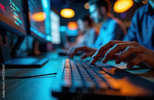 People typing on keyboards in a dim blue tech workspace with monitors glowing