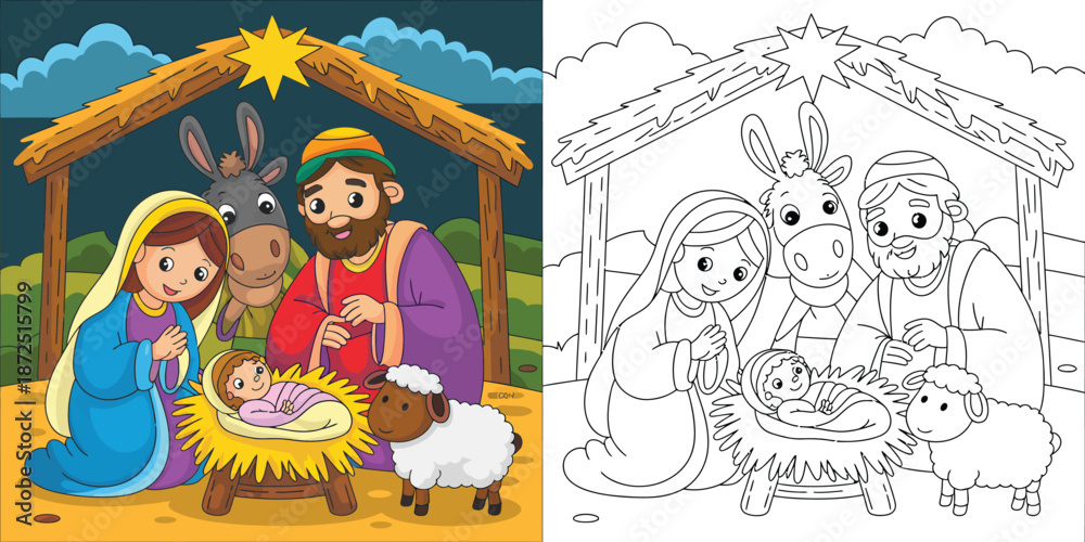 Fototapeta premium Joyful Nativity Scene Illustration depicting the birth of Christ in a rustic stable, with Mary, Joseph, and animals in both colored and outline versions for holiday projects