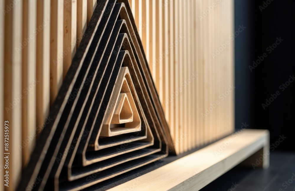 Obraz premium Wooden triangle sculpture with nested geometric frames beside slatted panel