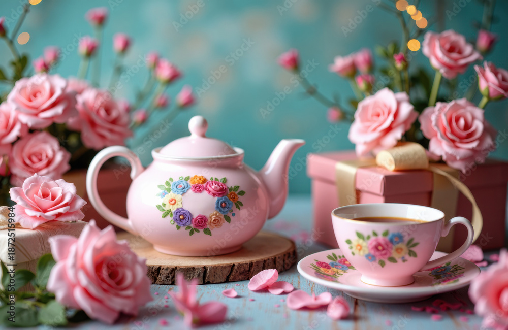 Fototapeta premium Tea set with floral pink roses and gift box on a pastel backdrop in a bright studio