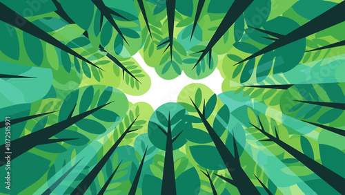 forest canopy view looking up through green leaves and dark tree trunks creating an abstract nature background for environmental projects.