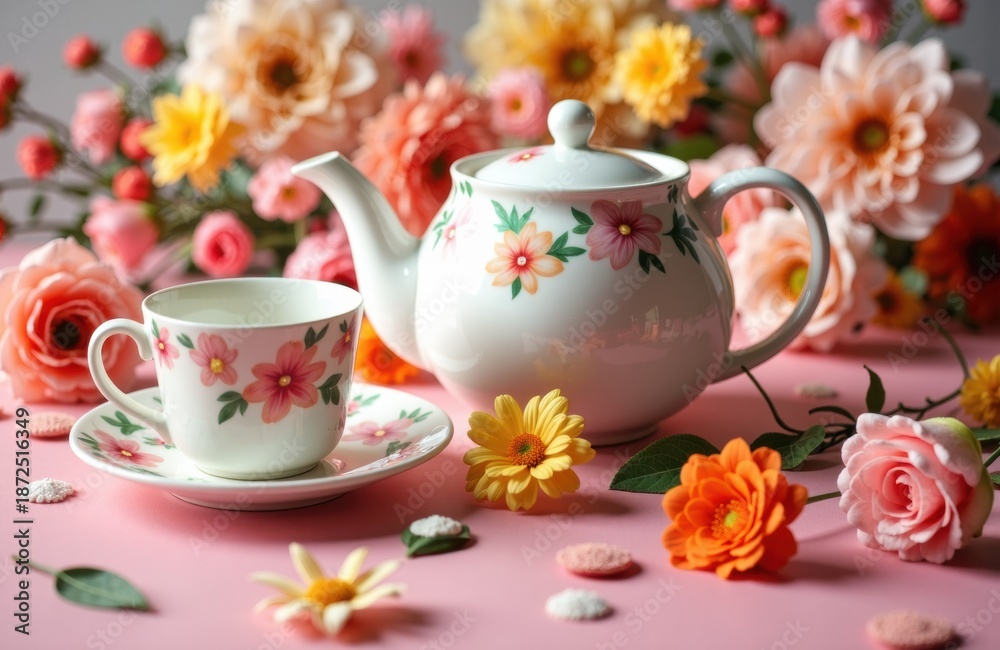 Fototapeta premium Floral teapot and teacup set on a pink table surrounded by colorful blossoms