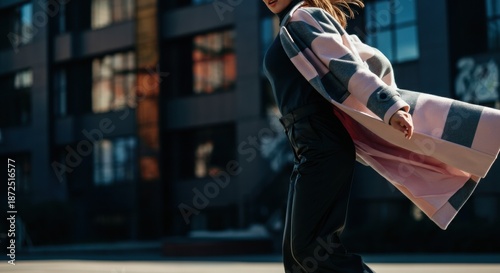 Woman walking briskly in striped coat across city street with dynamic motion