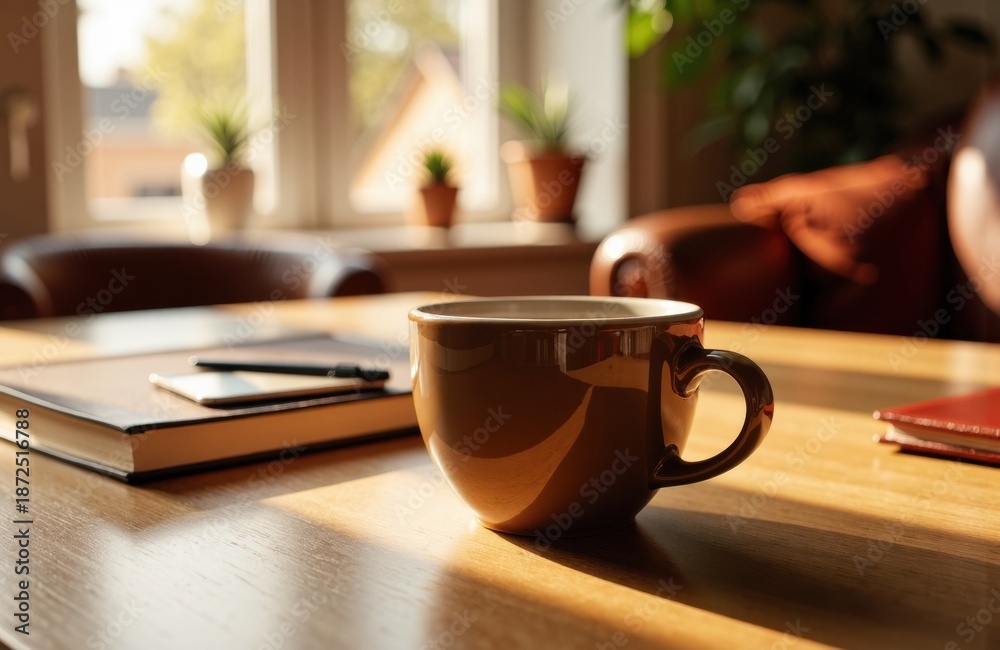 Fototapeta premium Coffee mug sits on a sunlit desk with notebooks and plants and warm window light