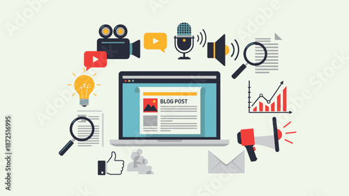Content creation tools and social media icons around laptop