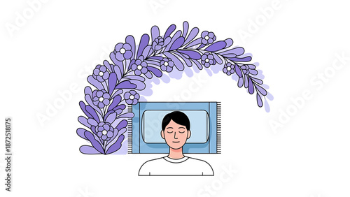 peaceful sleep concept with a person resting calmly under an arc of soothing lavender flowers for wellness and relaxation products