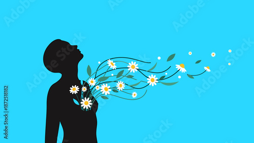 person silhouette expressing emotional freedom with blossoming flowers flowing from chest symbolizing mental wellness and spiritual growth