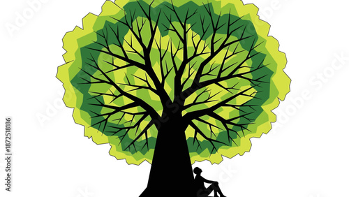 person sitting under large green tree symbolizing growth and nature connection for environmental well-being and peaceful contemplation