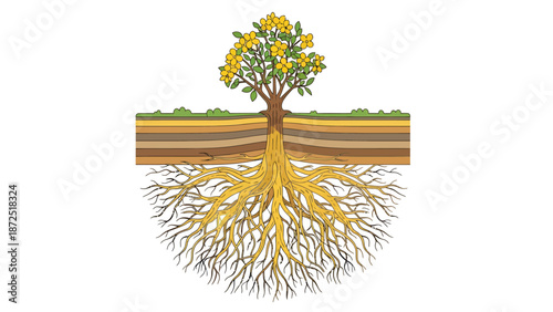 tree root system cross section illustrating plant biology and ecological connections within layered soil for educational and scientific content