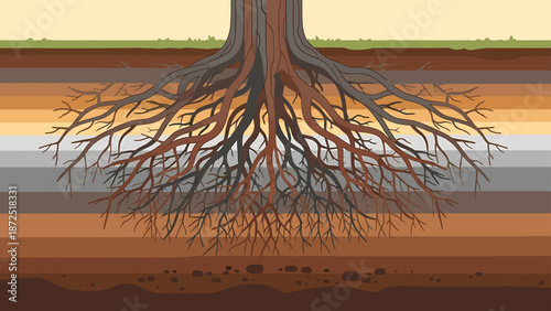 tree roots in soil layers illustration showing a deep underground cross-section with a detailed soil profile useful for ecological education and environmental concepts.