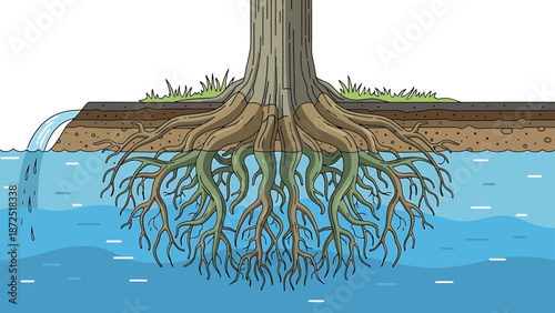 tree roots water illustration showing underground plant architecture soil strata and a waterfall for environmental education.