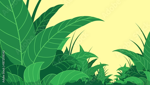 tropical green leaves background vector illustration of lush jungle foliage border for natural designs eco-marketing and presentations.